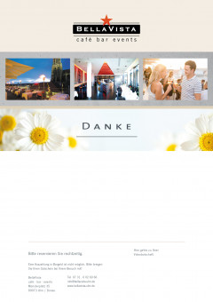 wertiger, mit Blumen verzierter Gutschein mit  BellaVista Logo, 3 schönen Bildern, Platz für Widmung , Impressum. Text Danke
